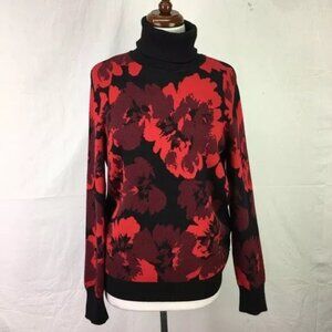 DKNY Black/Red Floral Print Turtle Neck Sweater, Size XS